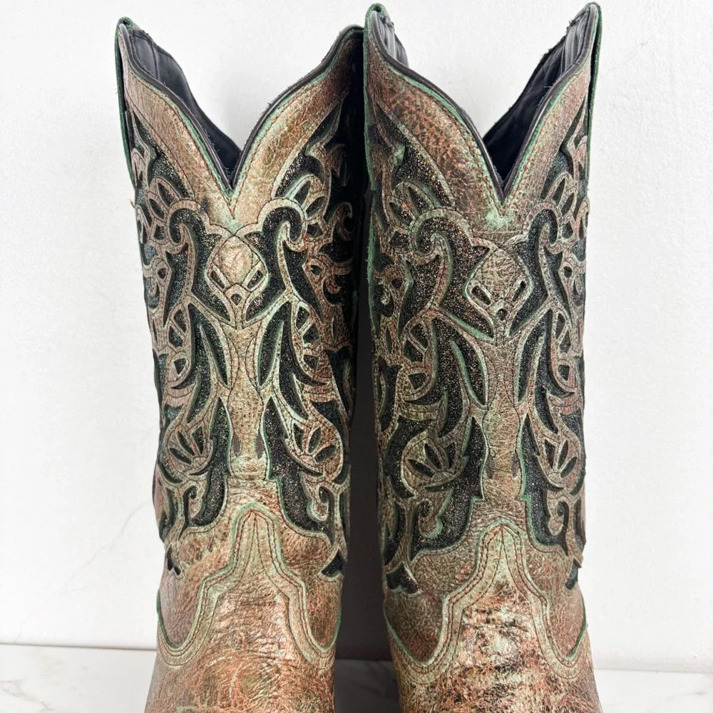 J.B. Dillon Green Bronze Metallic Glitter Cutout Cowboy Boots Sz 10C - Picture 6 of 13